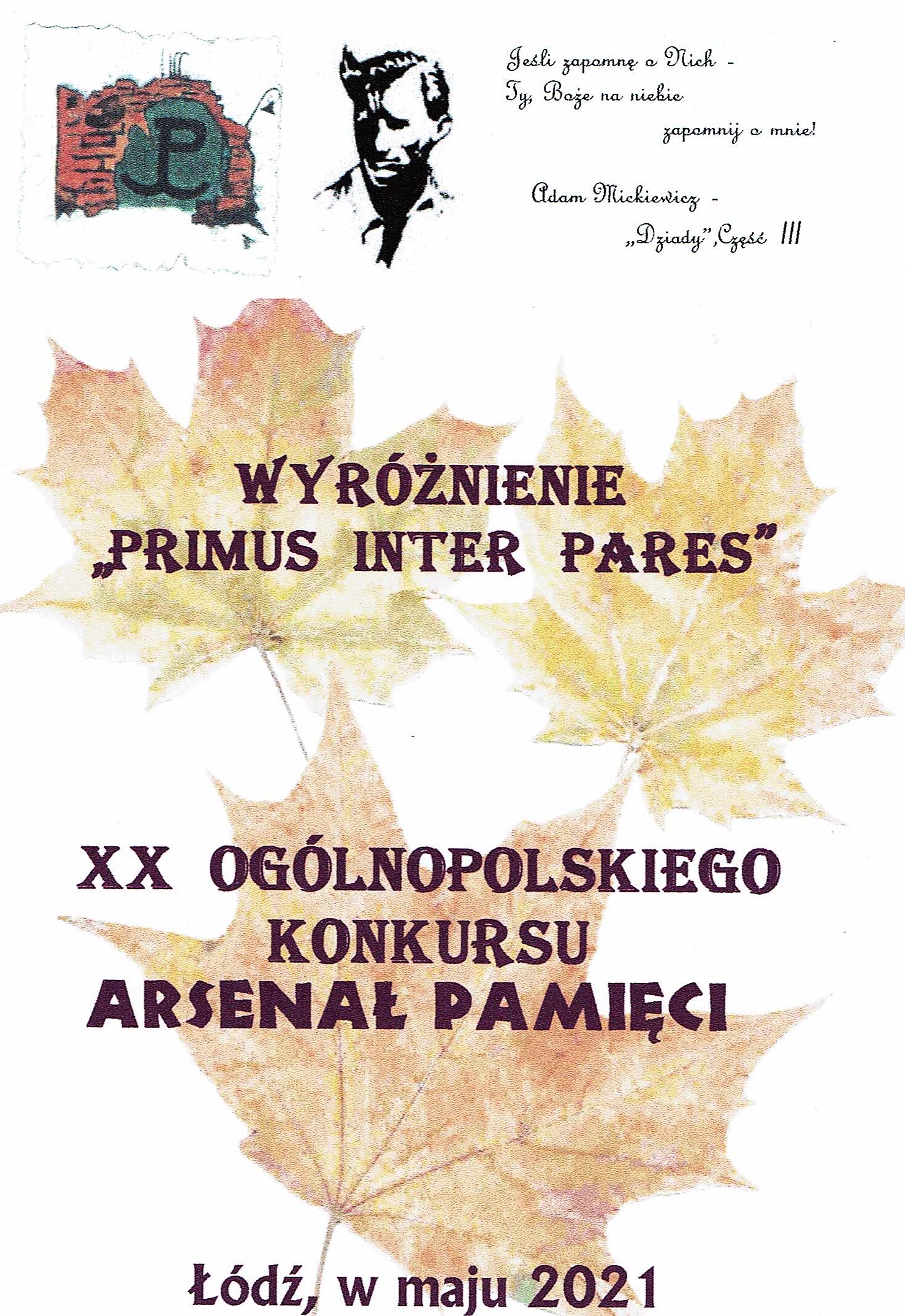 Wyróżnienie Primus Inter Pares XX Ogólnopolskiego konkursu Arsenał Pamięci